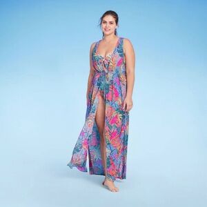 Kona Sol Sleeveless Cover Up Maxi Duster - Multicolor Tropical Print 2XL/3XL